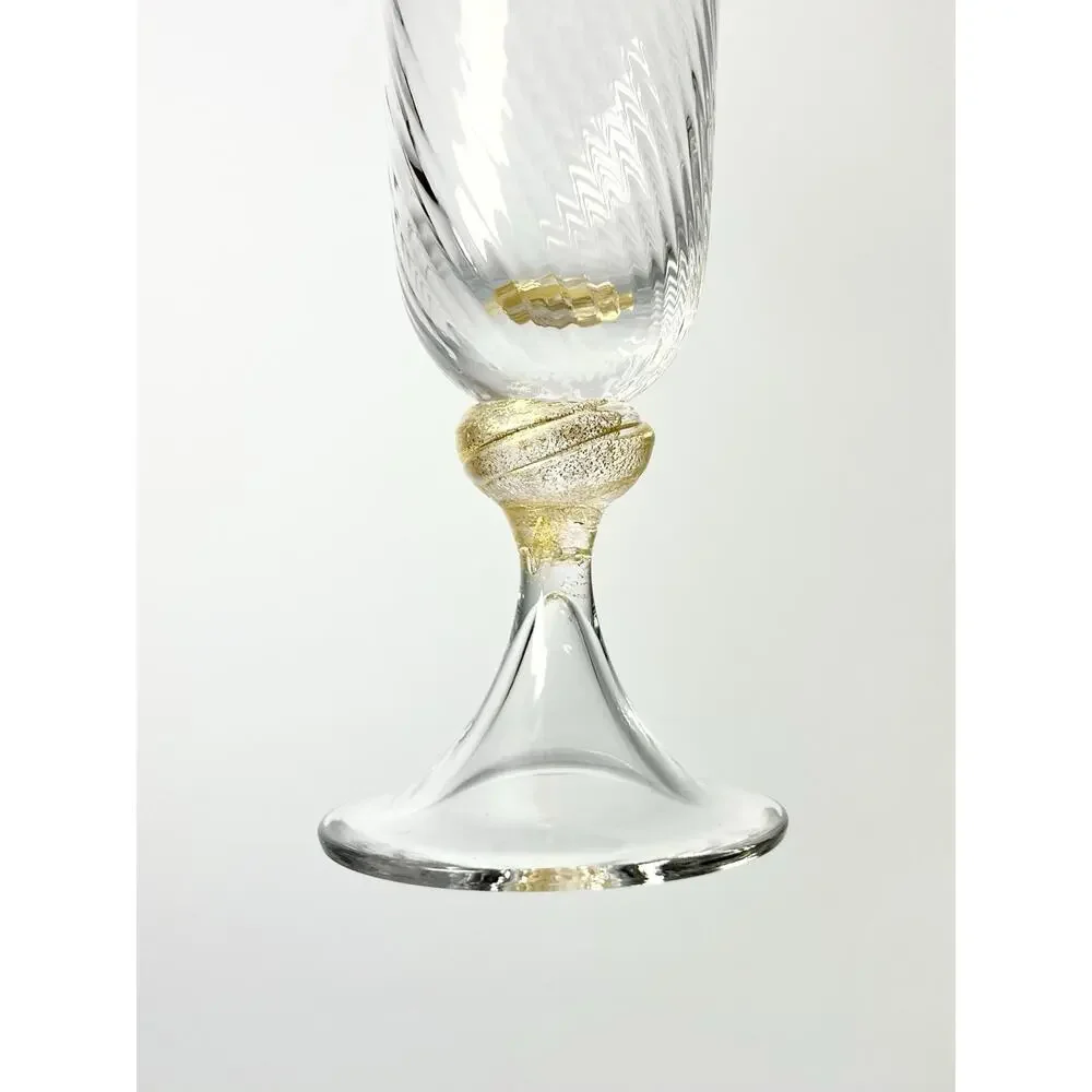 Murano Torcée Single Hand Blown Fluted Champagne Glass 7 7/8” 8oz Gold Swirl